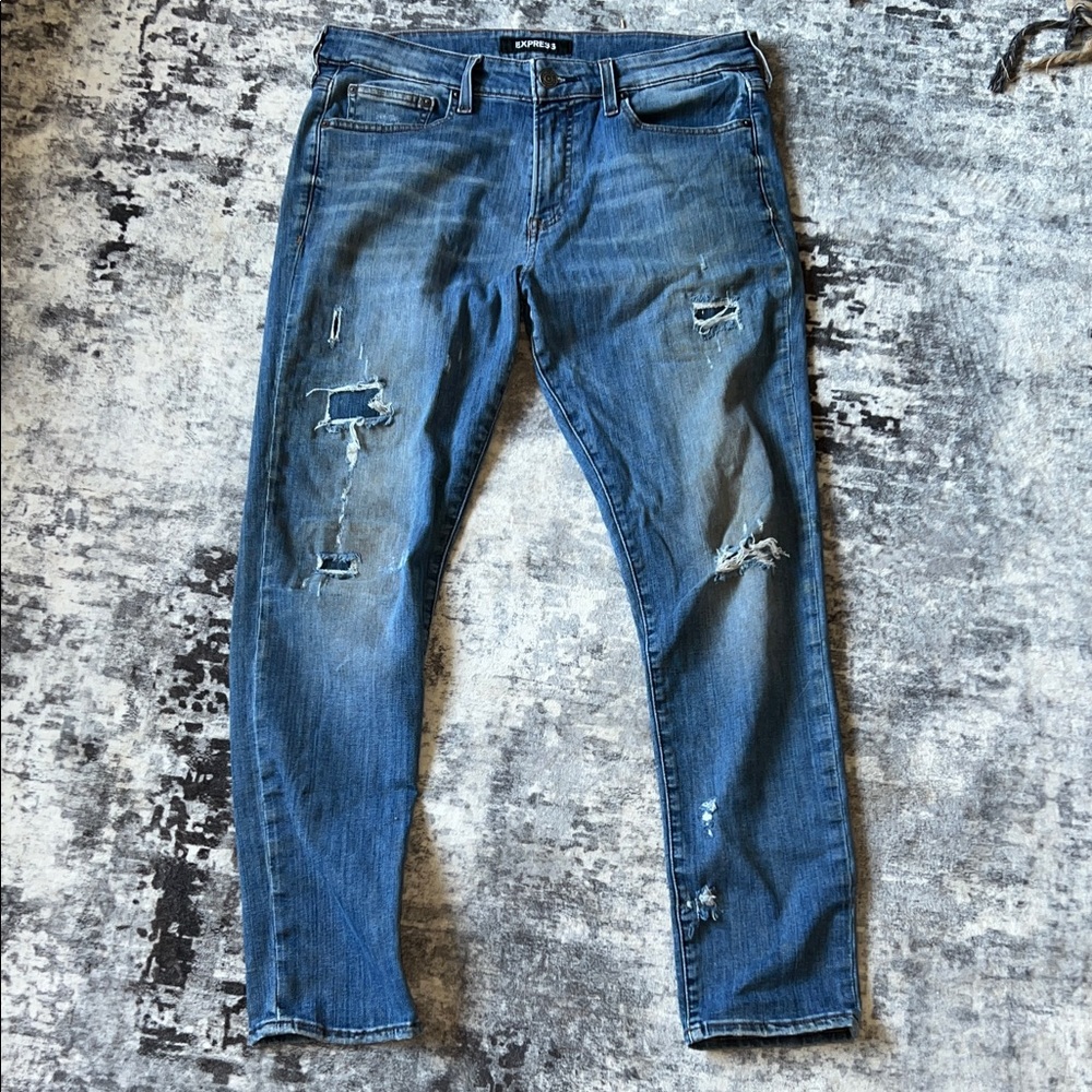 Express Men's Distressed Slim Straight Jeans in Blue Wash